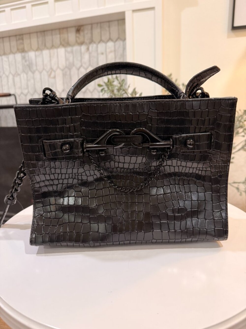 Rebecca Minkoff Black Croc Embossed Black Hardware Satchel